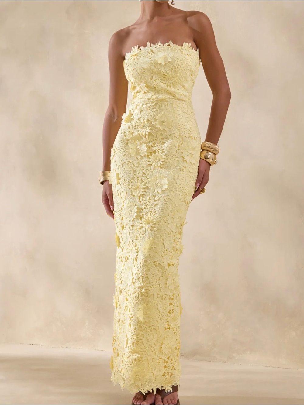 Strapless Yellow Floral Lace Maxi Dress